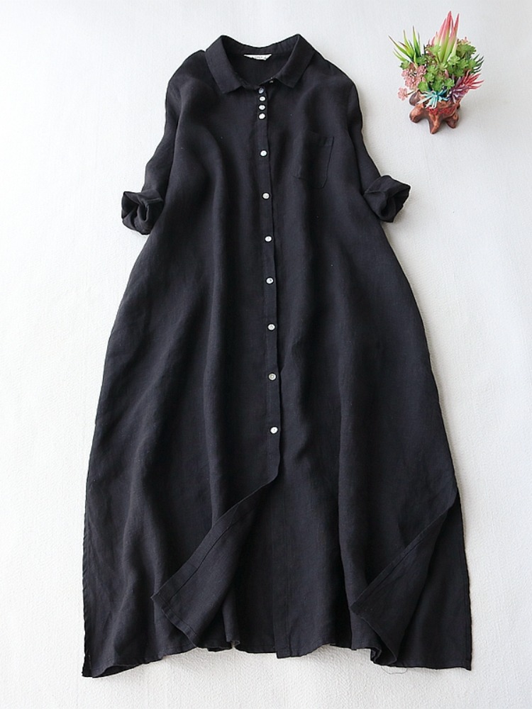 Casual Loose Linen Shirt Dress - فستان كتان فني للنساء لفصل الربيع،