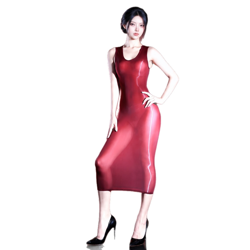 Sexy Mesh Sheer Bodycon Dress - فستان نسائي مثير بدون أكمام، لامع