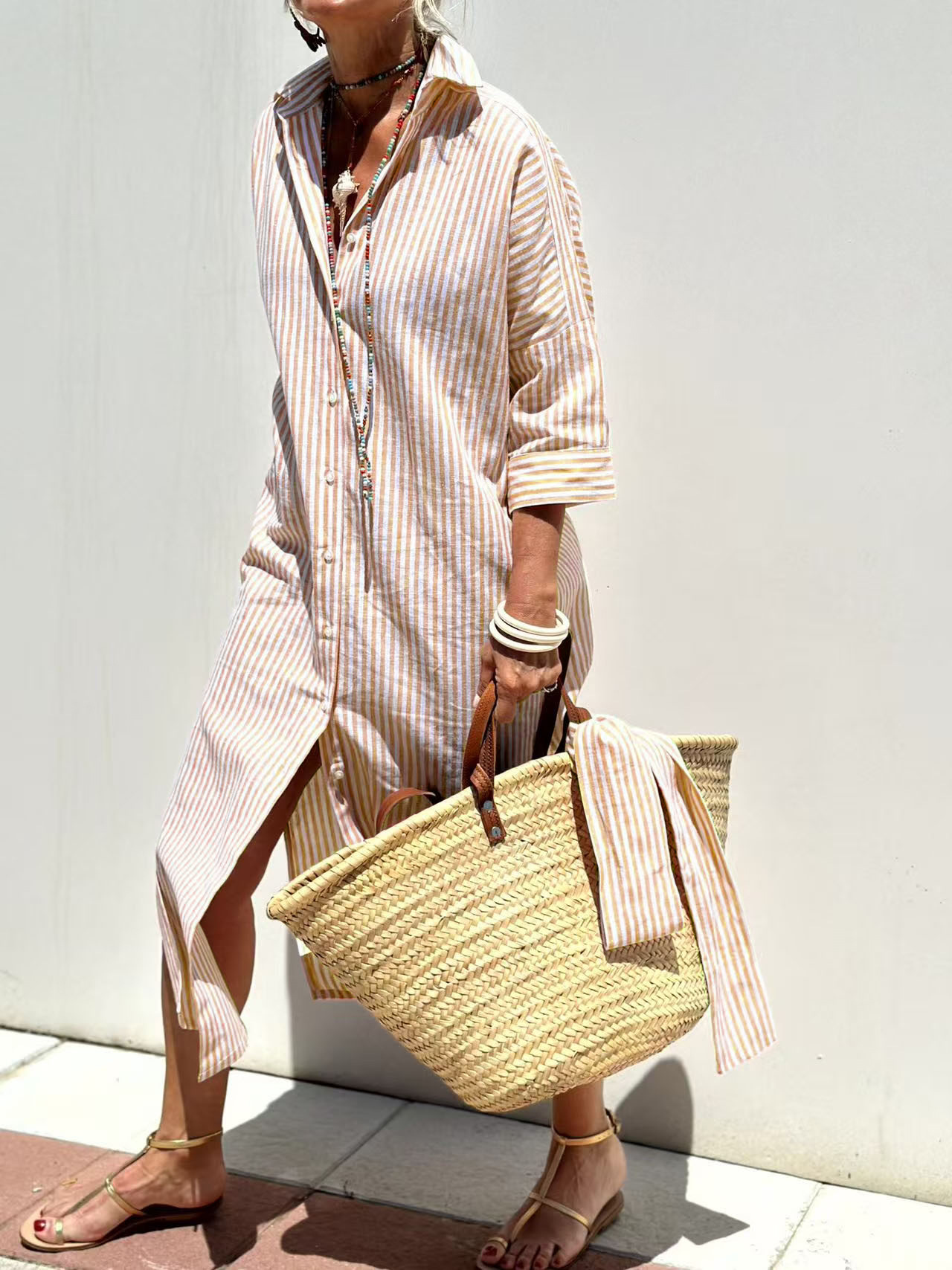 فستان ماكسي صيفي بحزام بمظهر ا - مراجعة Casual Loose Linen Shirt Dress وسعره