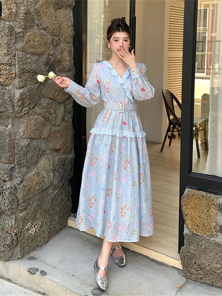 فستان ميدي بطبعة زهور وأكمام ف - مراجعة French Vintage Floral Midi Dress وسعره